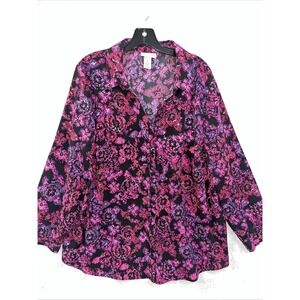 Catherines Top Women's 1X -8/20W Dark Black Pink Geometric Sparkle Button Up L/S